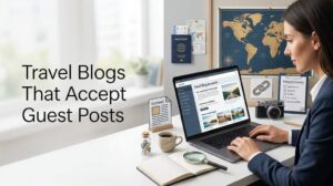 Travel blogger researching travel blogs that accept guest posts