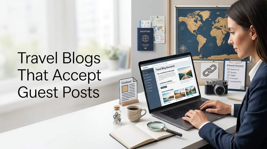 Travel blogger researching travel blogs that accept guest posts