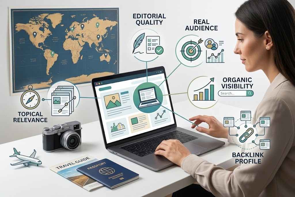 SEO content strategist evaluating a travel blog for guest posting opportunities