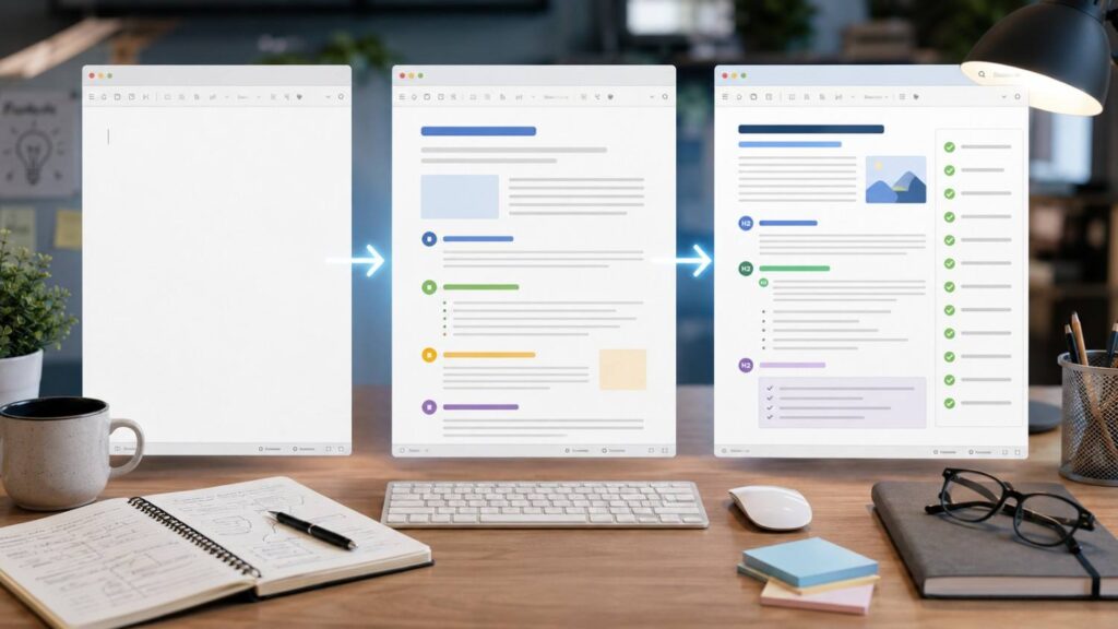 Blank content document transformed into a structured blog post with organized sections and an editing checklist.