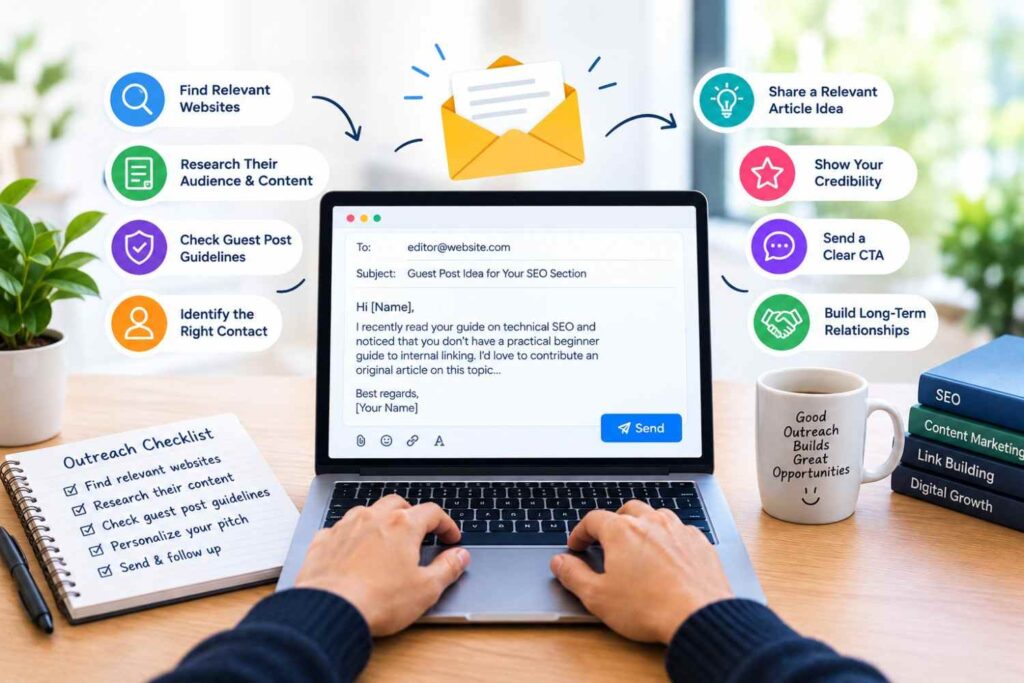 Step-by-step guest post outreach process showing website research, guest post guidelines, finding the right contact, sharing article ideas, building credibility, and sending a clear CTA.
