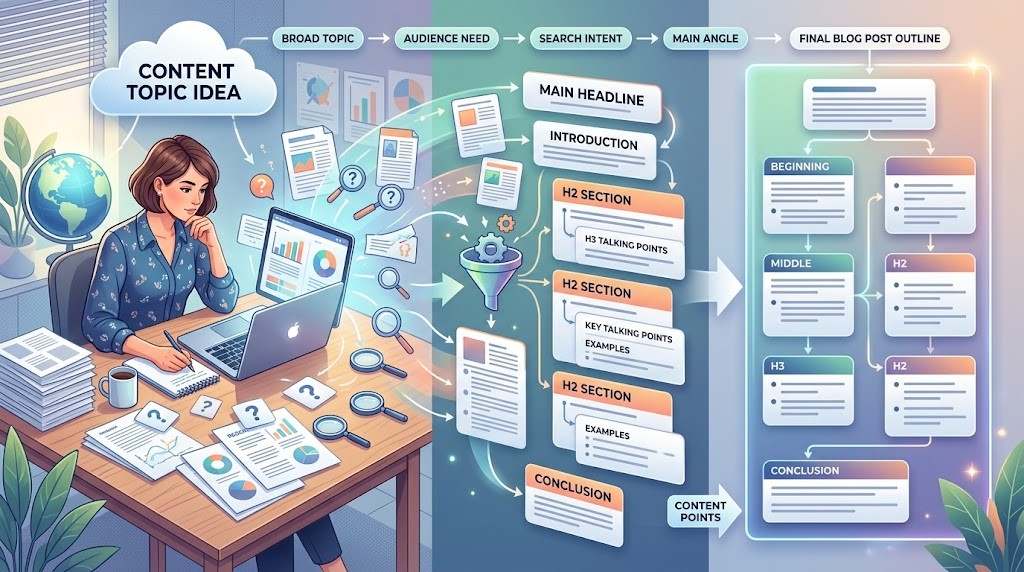 Blog post outline process showing research, search intent, H2 and H3 structure, and organized content sections.