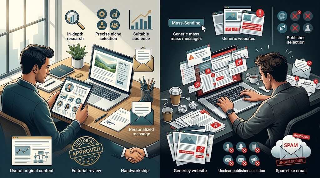  Comparison of responsible personalized guest blog outreach and low-quality spam-like outreach.