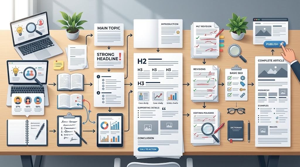 Blog writing workflow from topic research and outlining to writing, editing, SEO, and publication