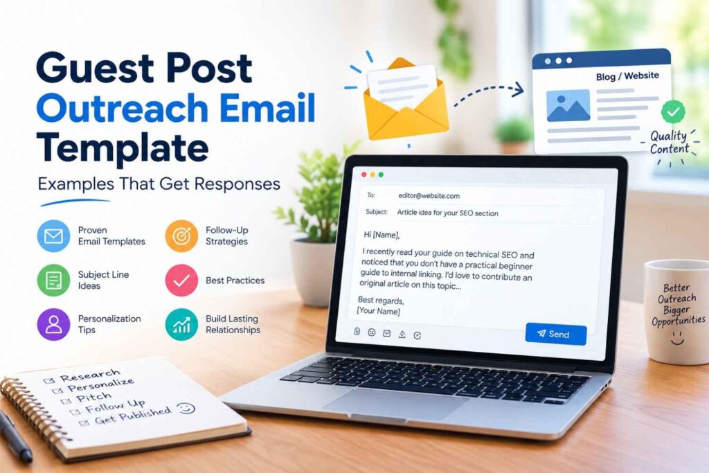 Guest post outreach email template showing a professional email pitch, subject line ideas, personalization, follow-up strategies, and outreach best practices.