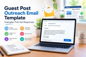 Guest post outreach email template showing a professional email pitch, subject line ideas, personalization, follow-up strategies, and outreach best practices.