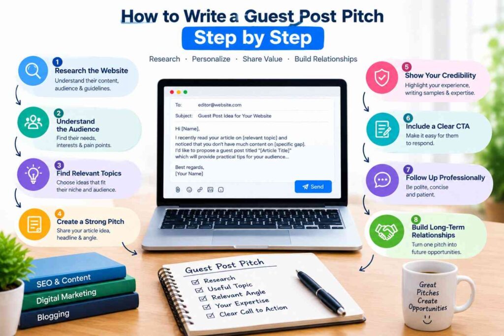 How to write a guest post pitch step by step with research, topic selection, personalization, credibility, CTA, and follow-up