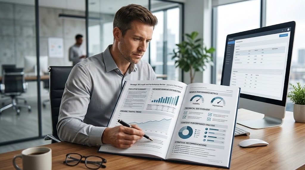 Example SEO report showing traffic, keyword rankings, technical SEO, and recommendations