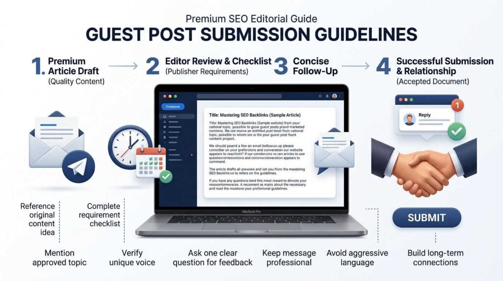 Isometric B2B editorial illustration showing a guest post submission guidelines workflow with a laptop displaying a draft article, editorial checklists, and a submit button.
