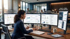 SEO consultant presenting website performance results and recommendations to a business client
