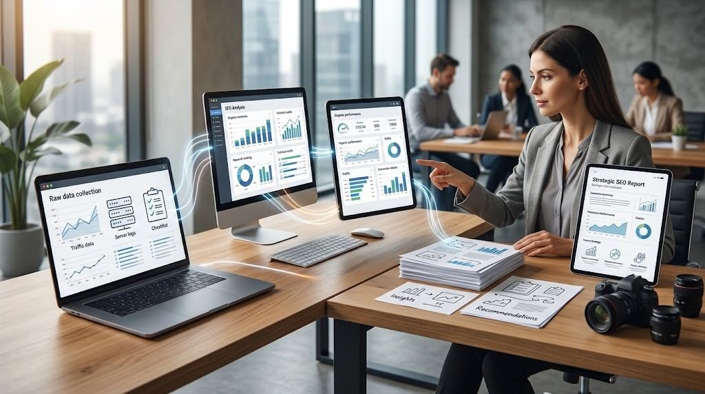 SEO reporting workflow showing data collection, analysis, insights, recommendations, and reporting