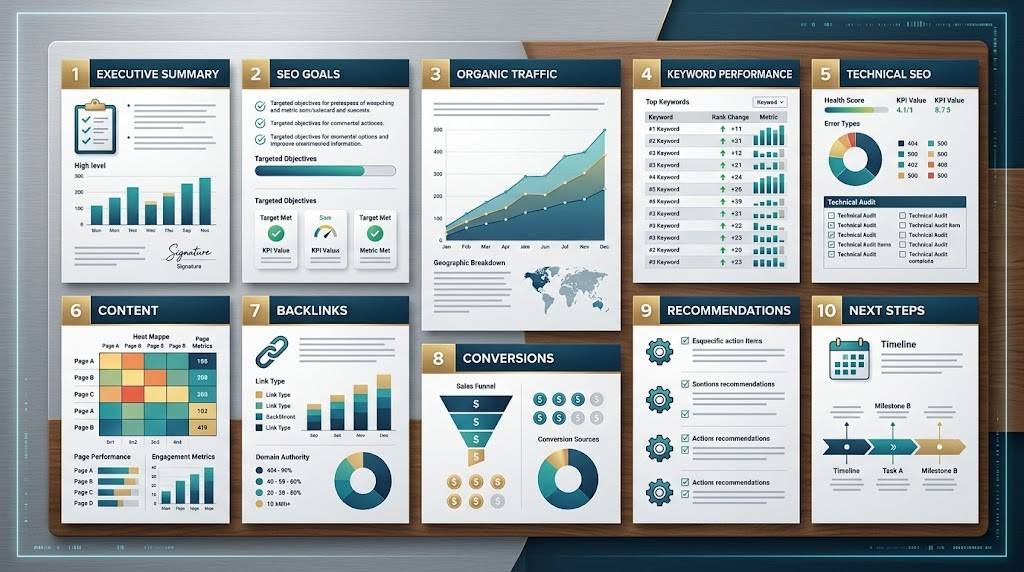 Main sections of a professional SEO report including traffic, rankings, technical SEO, and recommendations