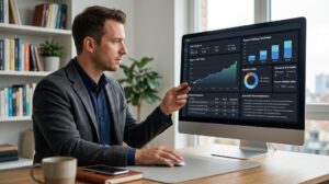 SEO consultant reviewing website performance data in a comprehensive SEO report