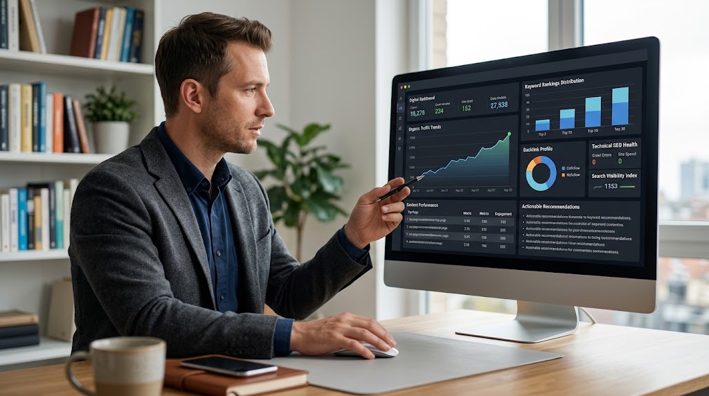 SEO consultant reviewing website performance data in a comprehensive SEO report