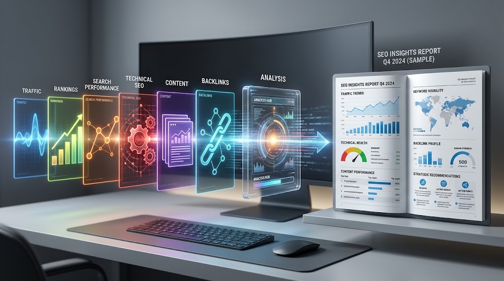 SEO data transformed into a structured sample report with insights and recommendations