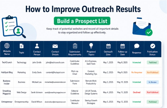 Guest post outreach prospect list for tracking publishers and submissions