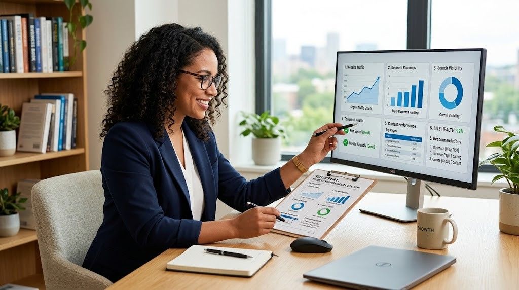 Professional SEO report showing website traffic, rankings, search visibility, and recommendations