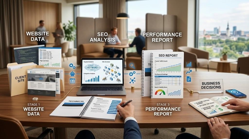 SEO report process showing website data becoming analysis, reporting, and business decisions