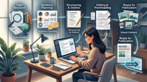 Blogger planning and writing an article with research, outlining, editing, and publishing steps.