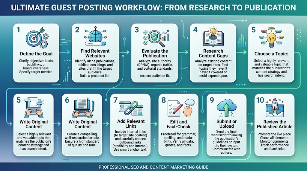 UploadArticle guest posting workflow from research to publication