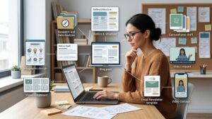 Content creator planning a blog post for social media adaptation