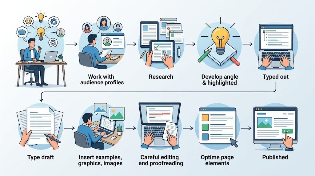 Complete blog-writing workflow from topic selection and research through outlining, drafting, editing, and publishing.