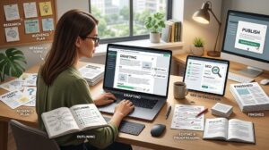 Content writer creating a blog post from research and planning to writing, editing, and publication