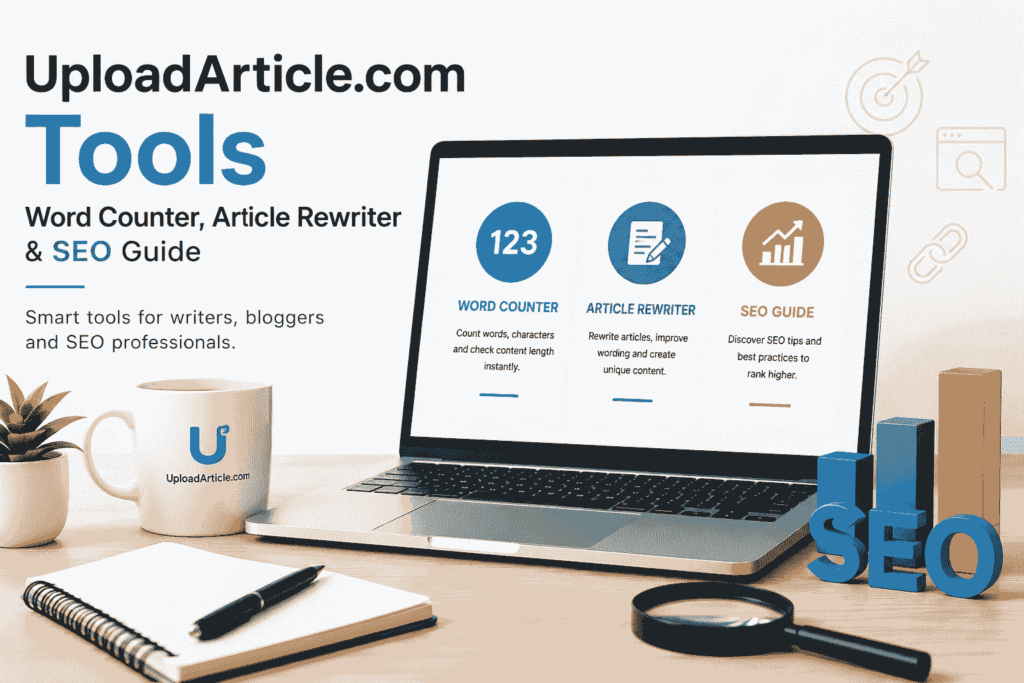 UploadArticle.com tools featuring Word Counter, Article Rewriter, and SEO Guide for content creators