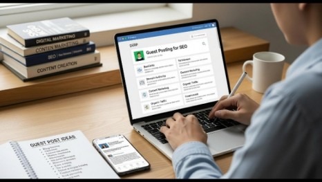 Content marketer preparing a personalized guest blog outreach email after researching publishers