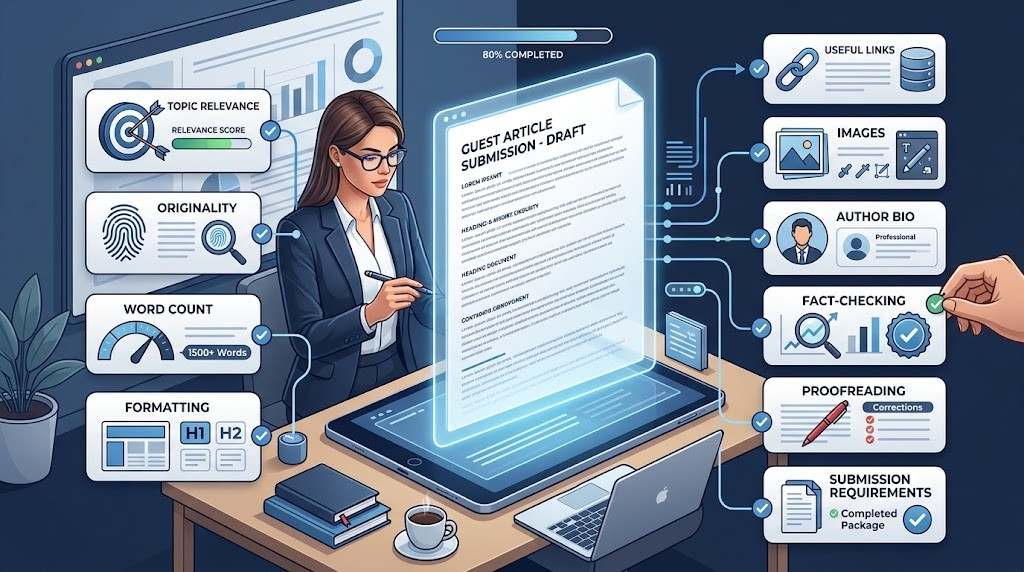 3D editorial infographic of a writer reviewing a digital guest post document surrounded by detailed submission checklists including topic relevance, originality, word count, formatting, bio, and proofreading.