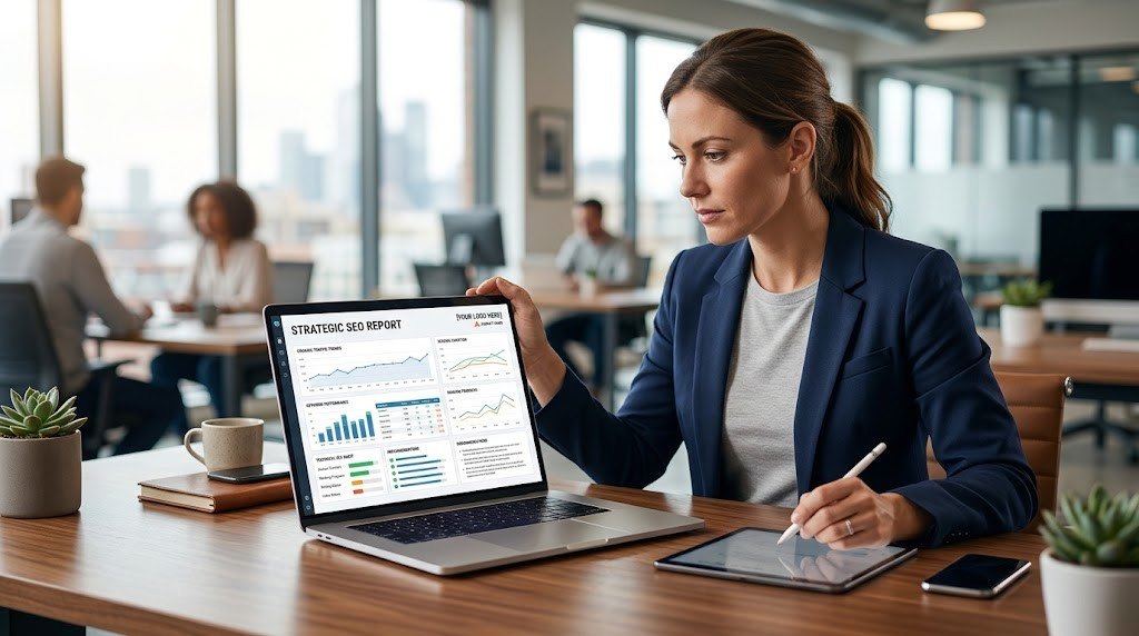 SEO agency professional preparing a branded white label SEO report for a client