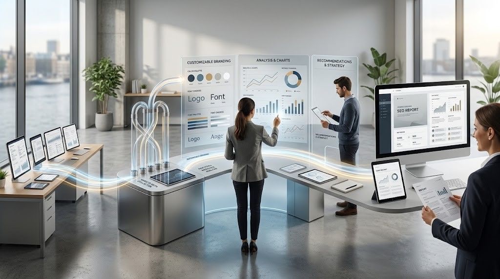 White label SEO reporting workflow from data collection to branded client report delivery