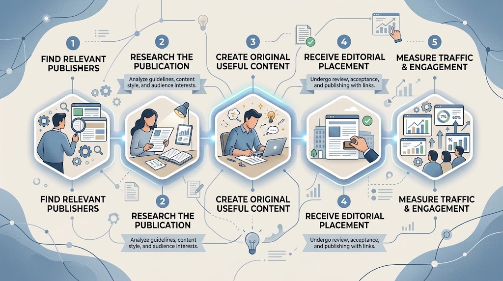 Guest posting workflow from publisher research to editorial placement