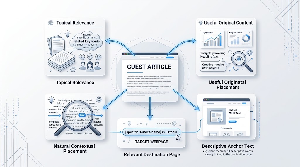 Diagram showing relevance, content quality, contextual placement, destination page, and anchor text