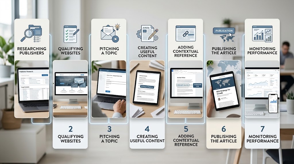 Seven-stage workflow for researching, pitching, publishing, and monitoring guest content