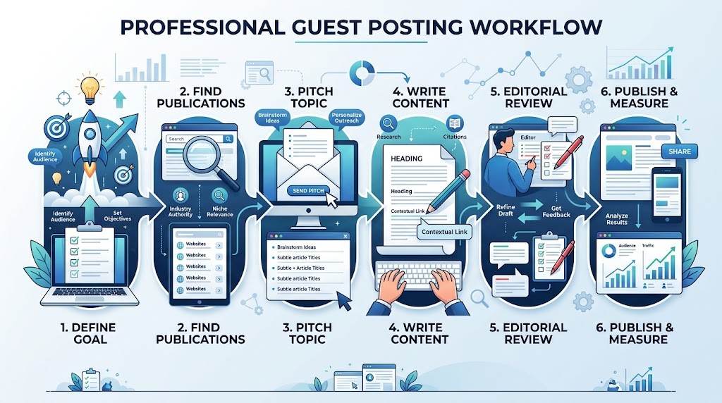 Guest posting SEO workflow from finding publications to publishing content