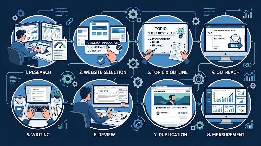 how guest posting works step by step from website research to publication