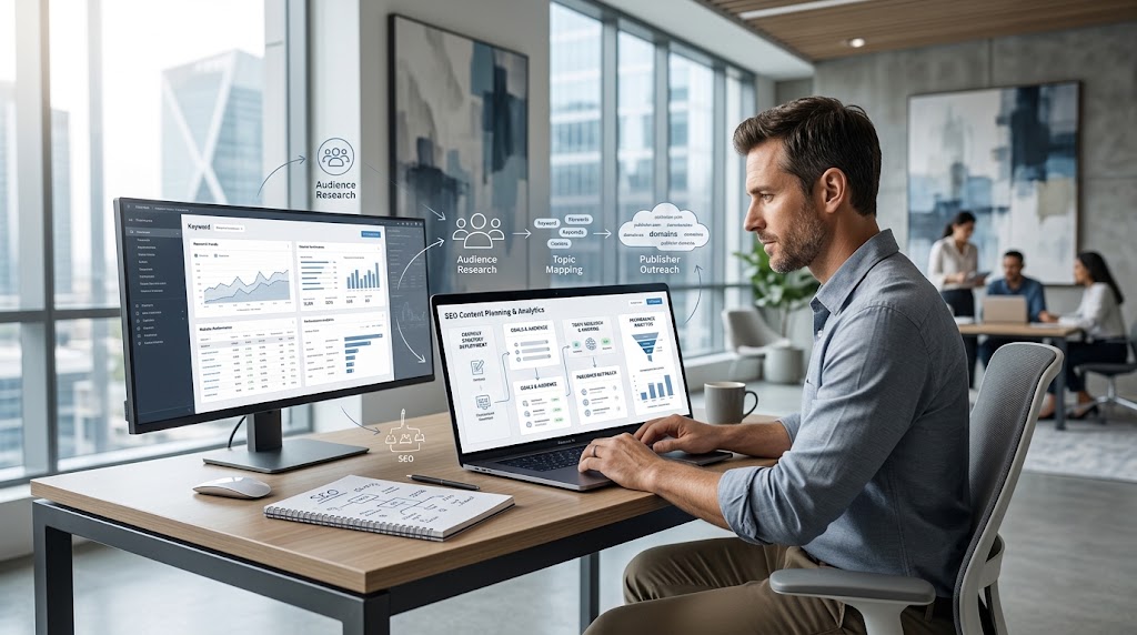 SEO strategist planning a structured content publishing campaign