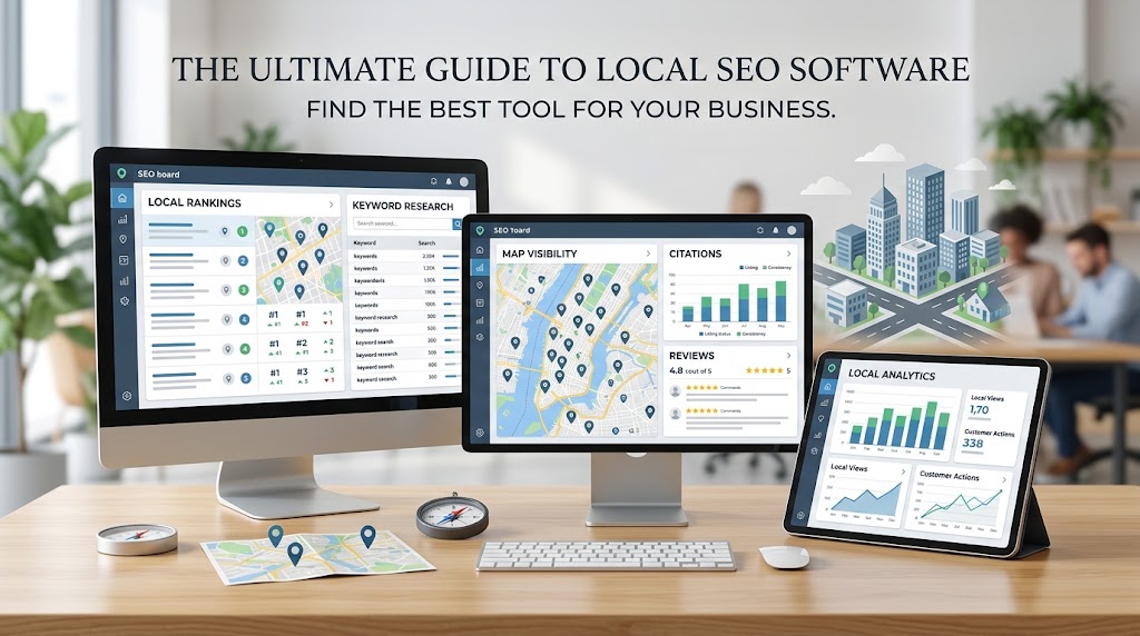 Best local SEO software comparison showing local rankings, keyword research, business visibility, and SEO analytics
