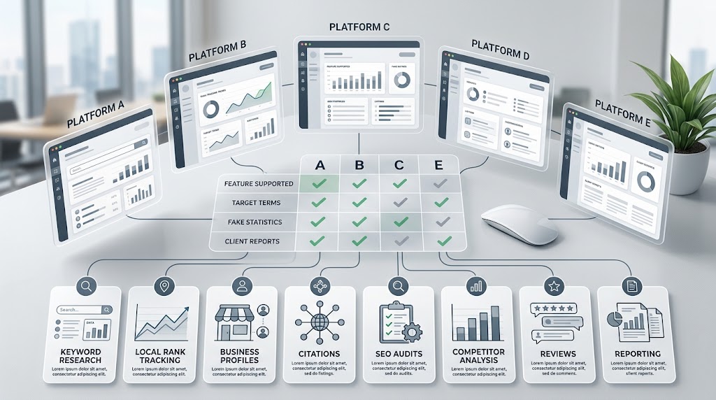 Local SEO software feature comparison showing rankings keywords citations audits and reporting