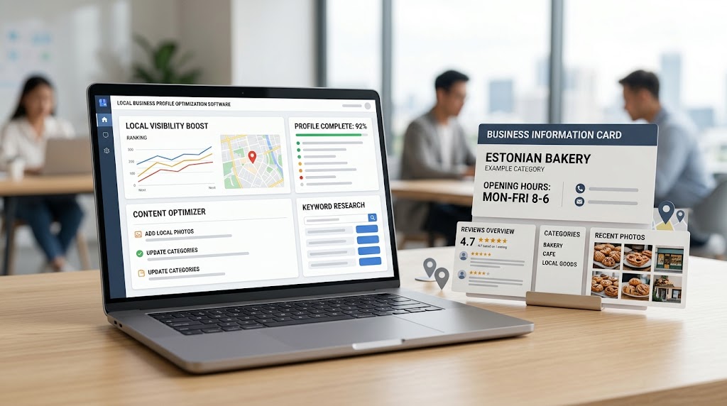 Google Business Profile SEO tools showing business profile optimization, local search visibility, reviews, and location data