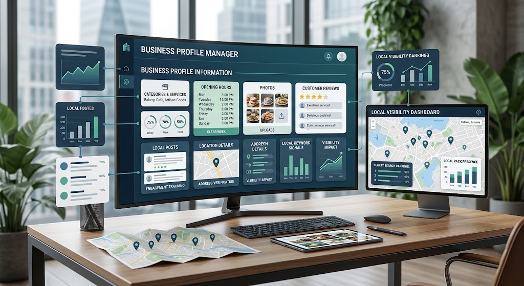Business profile optimization workflow showing categories reviews photos local keywords and visibility