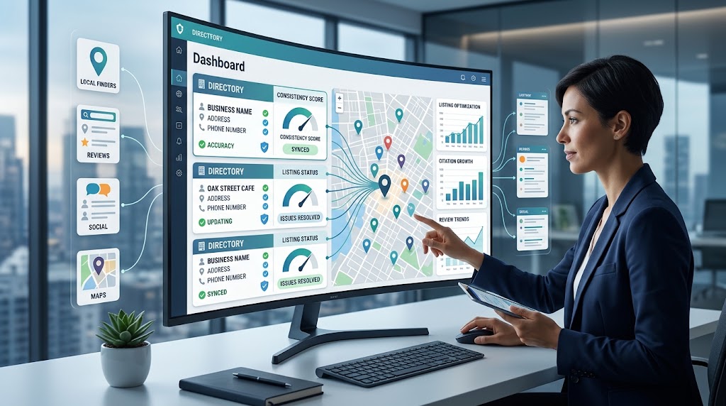 Local citation management software showing business listings, citation accuracy, directories, and local SEO data