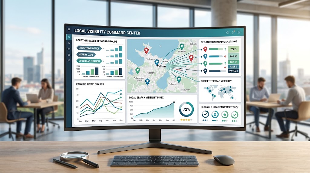 Local rank tracking workflow showing location-based keywords map rankings and ranking trends