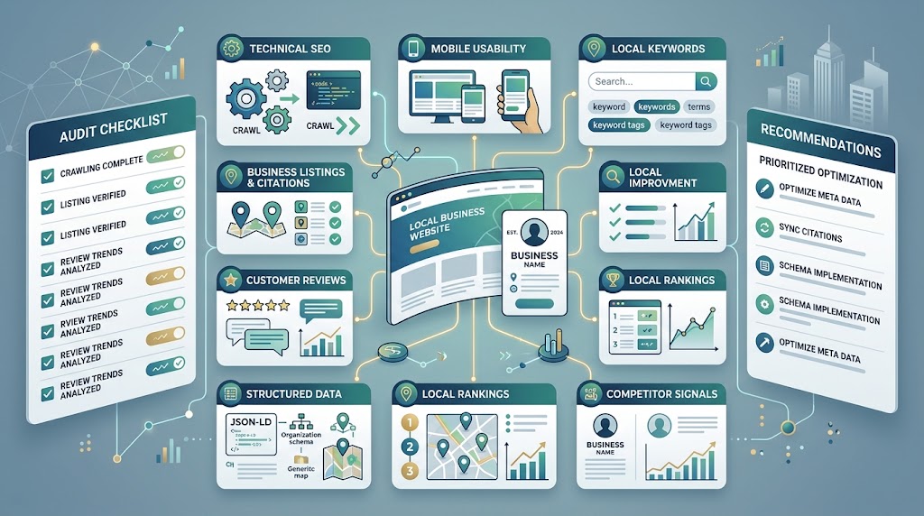 Local SEO audit framework showing technical SEO business listings citations reviews and local rankings