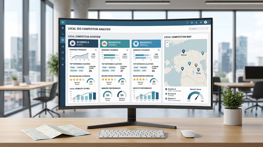 Local SEO competitor analysis tools showing competitor rankings, keywords, citations, reviews, and local search performance