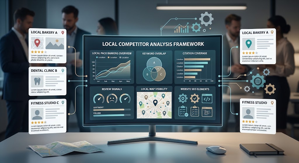 Local SEO competitor analysis framework comparing rankings keywords citations reviews and local visibility