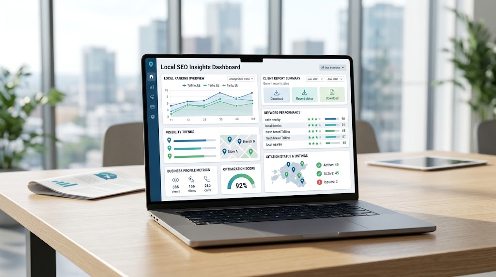 Local SEO reporting software showing ranking reports, local visibility metrics, traffic trends, and client reporting dashboards