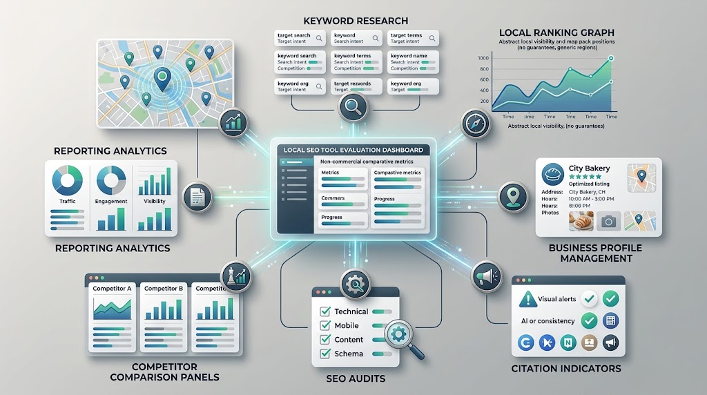 Local SEO software comparison framework showing keyword research rank tracking citations audits competitors and reporting