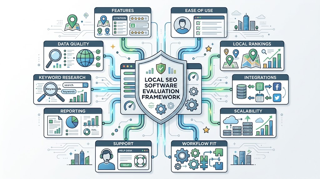 Local SEO software evaluation framework showing features usability data reporting and support